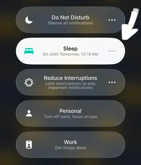 Step 2, iPhone Control Center, Sleep Settings icon