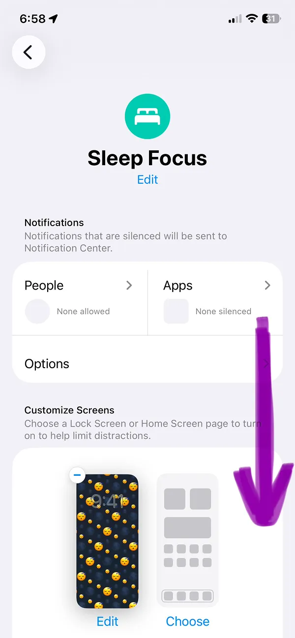 Step 3, iPhone Settings, Sleep Focus screen