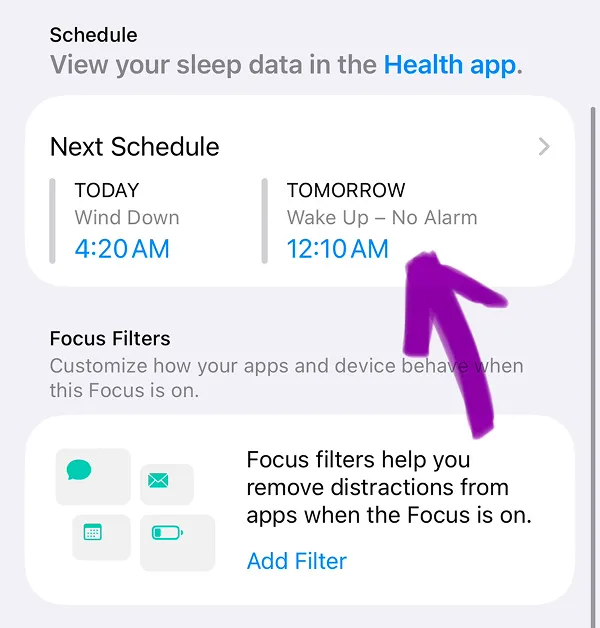 Step 4, iPhone Settings, Next Schedule block