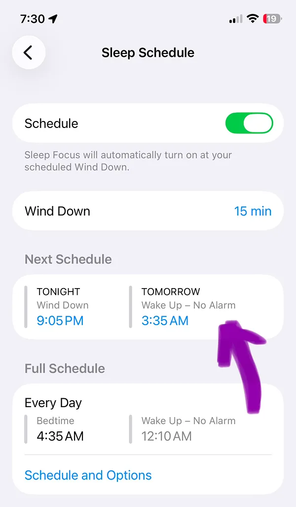 Step 5, Sleep Schedule, Next Schedule time