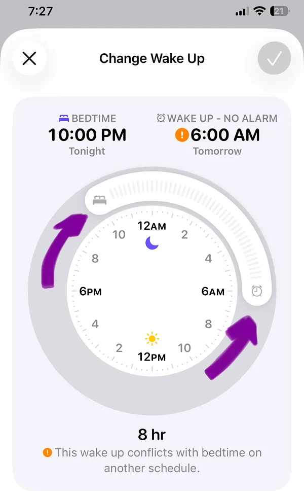 Step 6, Sleep Schedule, Change Wake Up time