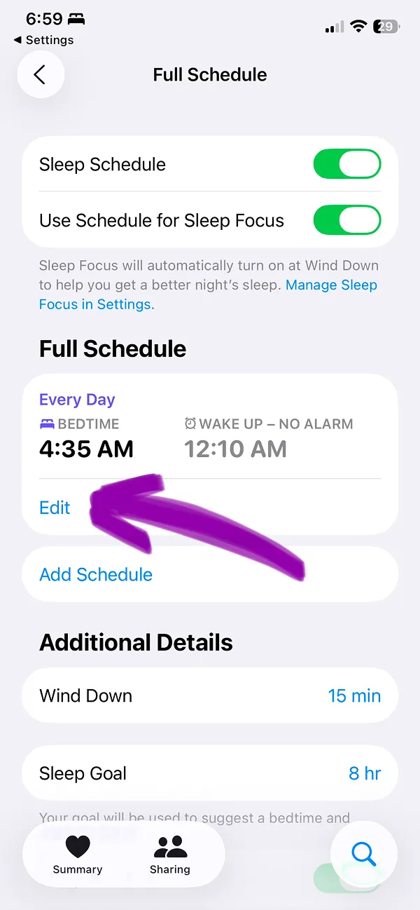 Step 8, Health App, Full Schedule, Turn Off/On Sleep Mode