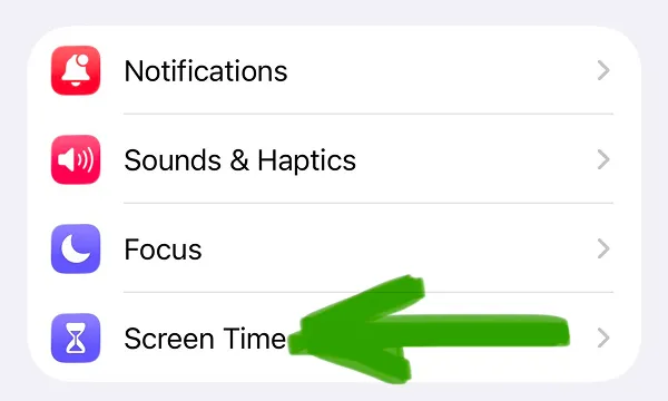 Settings menu showing Notifications, Sounds & Haptics, Focus, Screen Time
