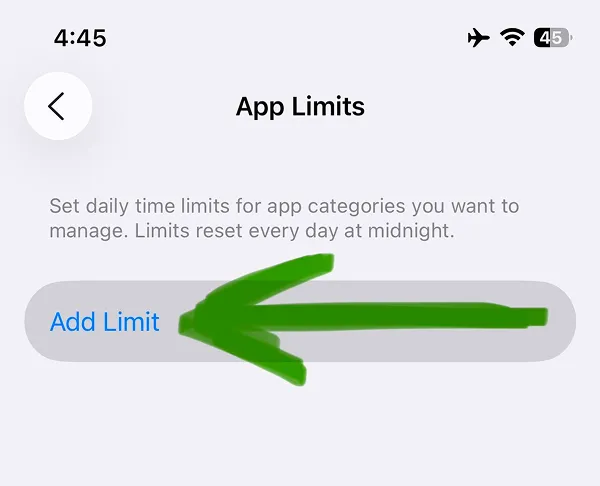 App Limits setup page with Add Limit button to create new restrictions