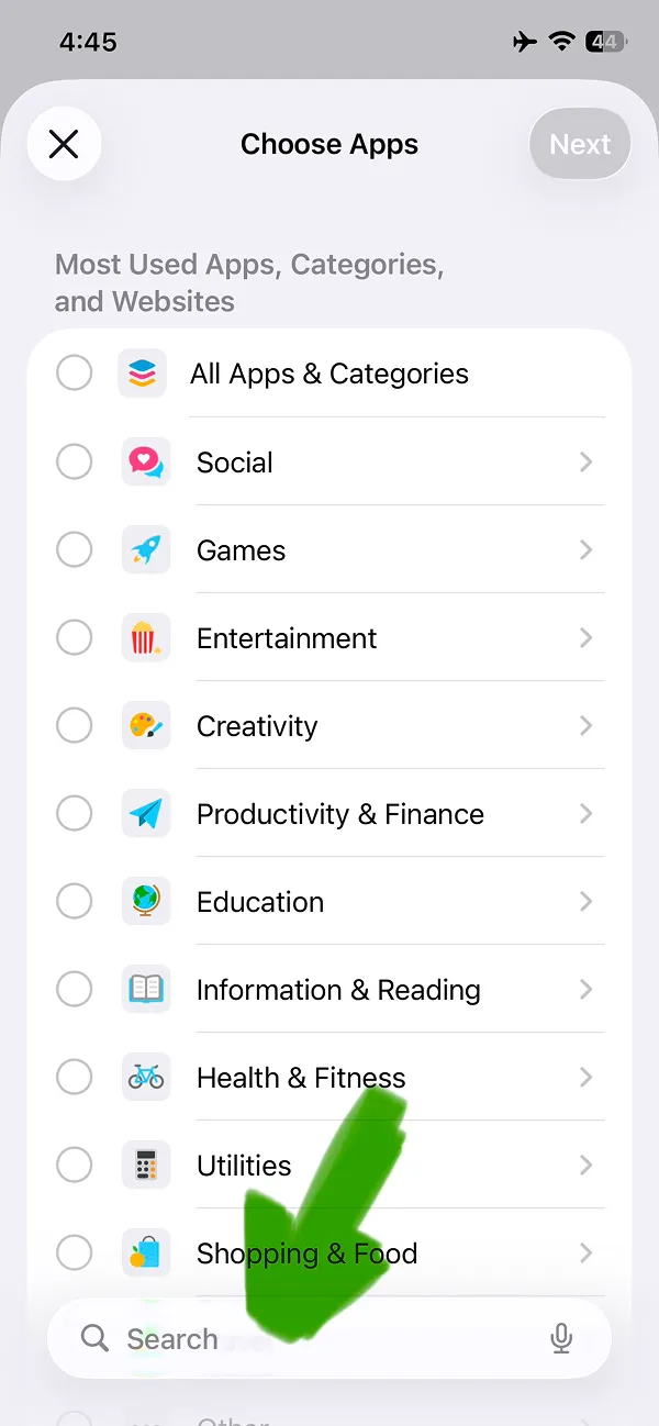 App category selection screen for setting usage limits by category type