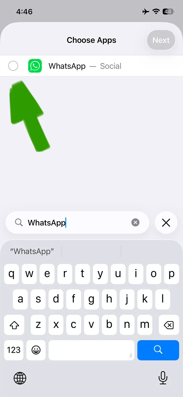 App selection screen with WhatsApp search in progress and keyboard visible