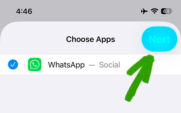 WhatsApp selected with blue checkmark in app limits configuration