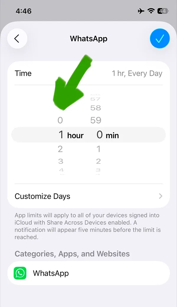 WhatsApp limit set to 1 hour every day in Screen Time settings