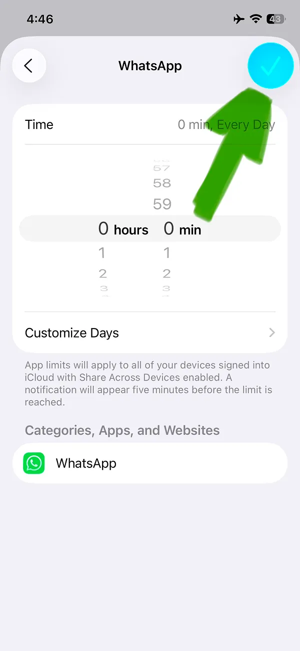 WhatsApp limit adjusted to 0 minutes per day in Screen Time config
