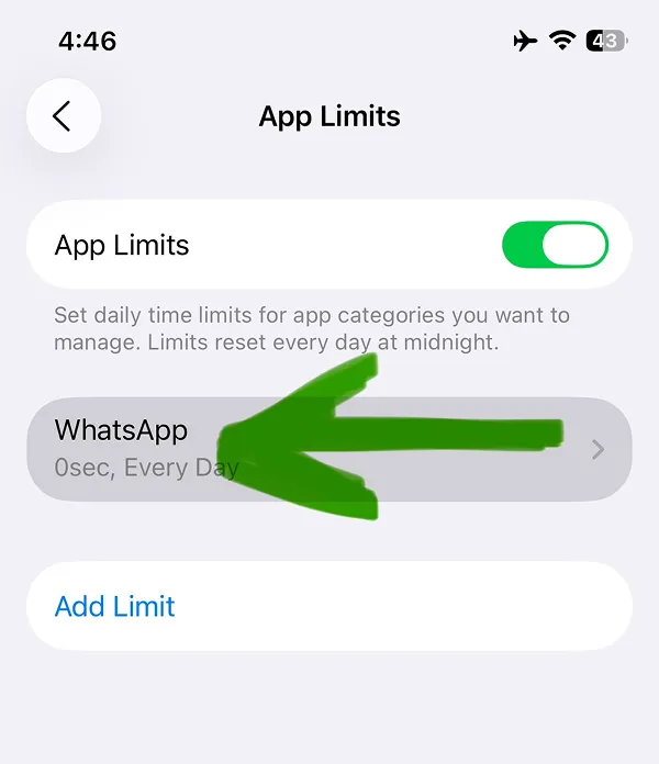 App Limits page showing active WhatsApp restriction at 0 seconds daily