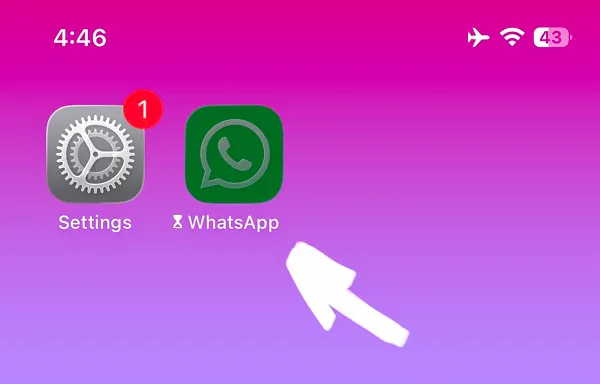 Home screen displaying Settings and WhatsApp icons after limit setup
