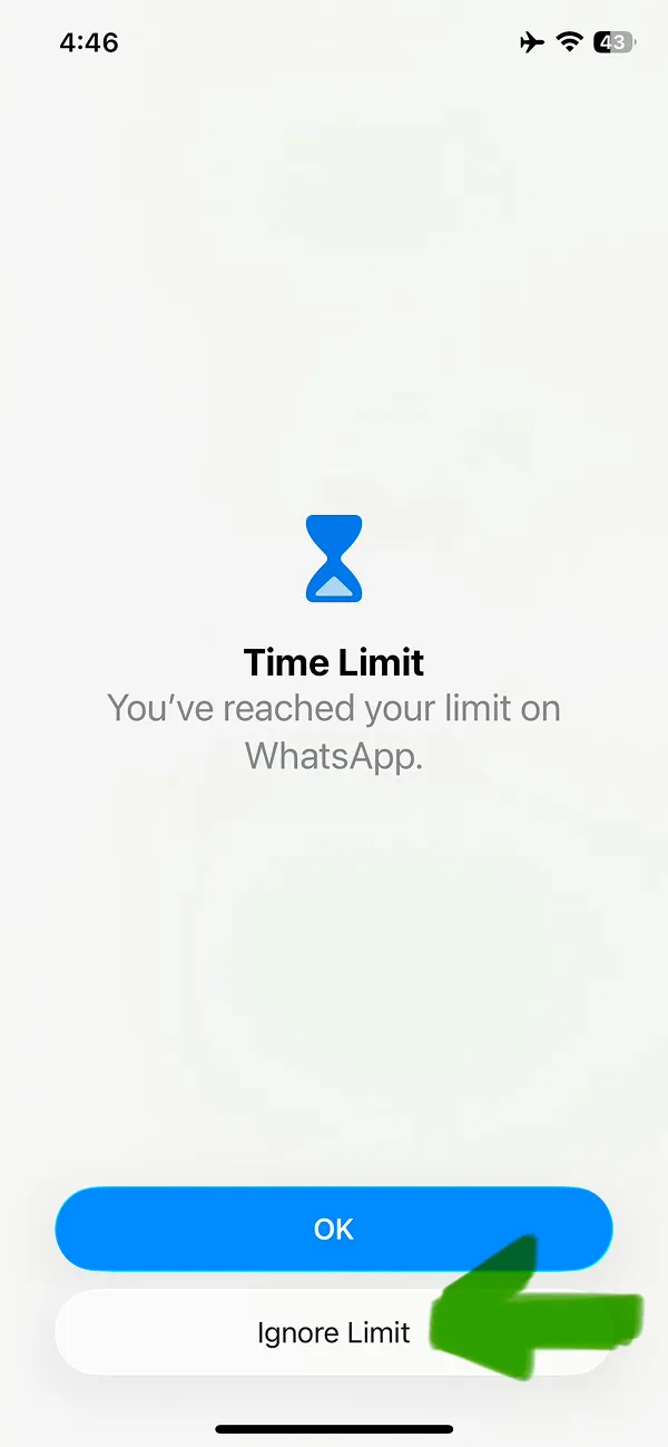 Time limit notification alert indicating WhatsApp usage limit reached
