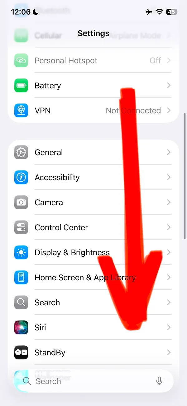 iPhone Settings menu scrolled down with arrow pointing to Screen Time option