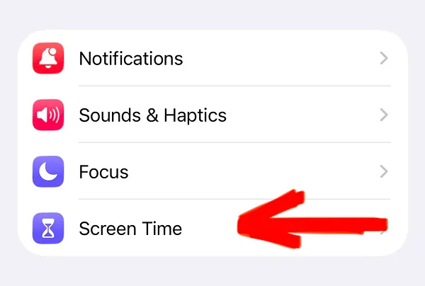 iOS Settings showing Screen Time option with red arrow