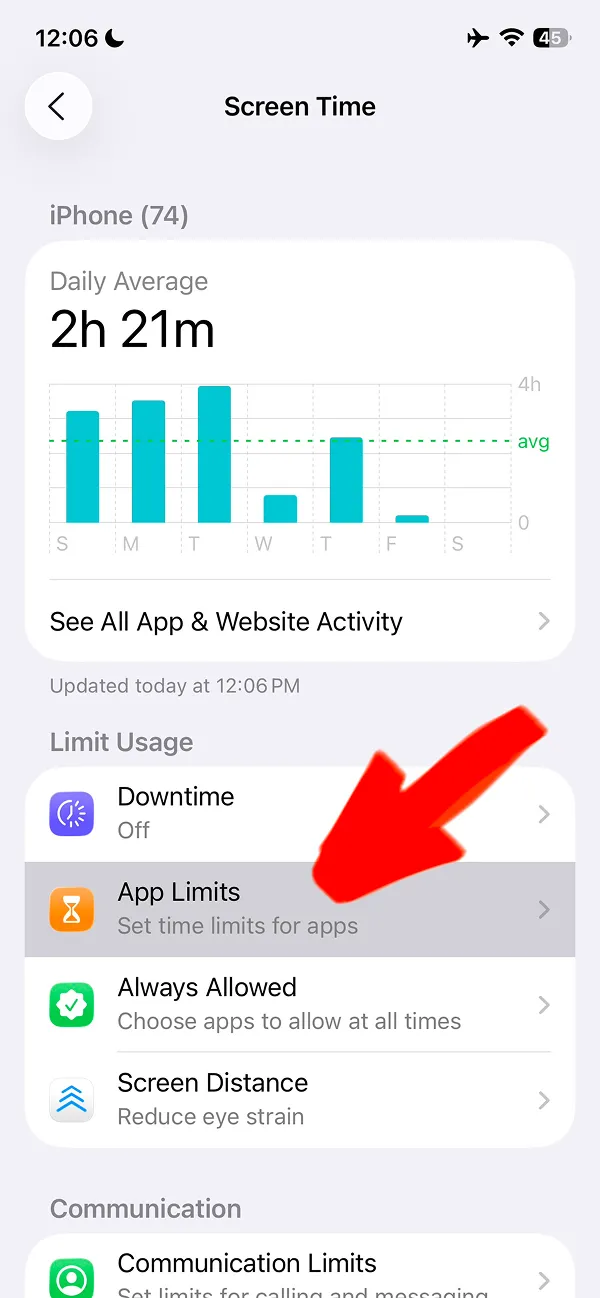 Screen Time dashboard showing App Limits section with arrow pointing to it