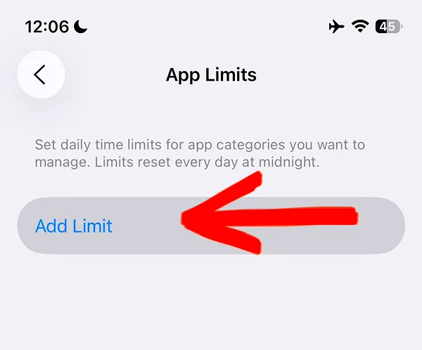 App Limits screen showing Add Limit button with red arrow