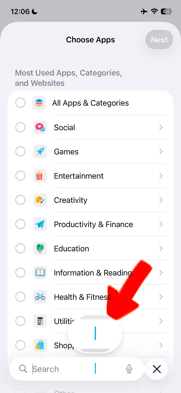 Choose Apps screen in Screen Time with search bar at the bottom