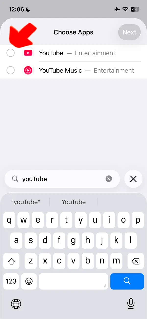 Search results showing YouTube and YouTube Music apps in Screen Time
