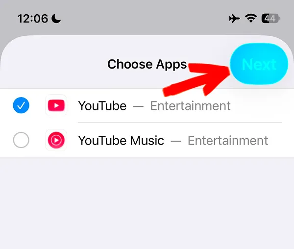 YouTube app selected in Choose Apps screen with Next button highlighted