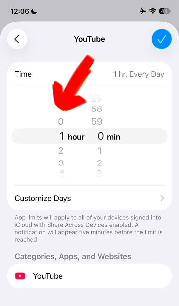 YouTube app time limit set to 1 hour in Screen Time App Limits