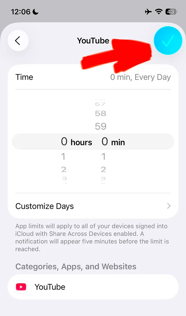YouTube app time limit changed to 0 hours in Screen Time to block YouTube
