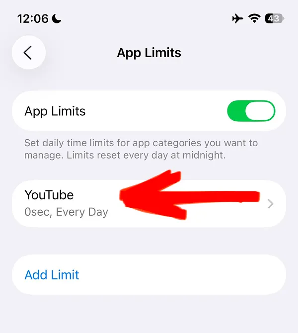 App Limits screen confirming YouTube blocked with 0 seconds every day