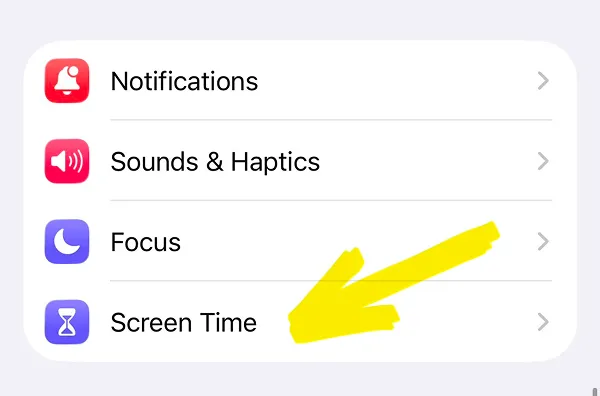 Settings page showing Notifications, Sounds & Haptics, Focus, Screen Time