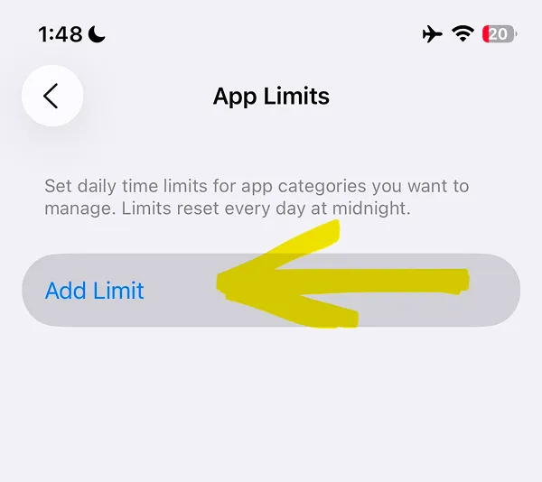 App Limits setup page with Add Limit button
