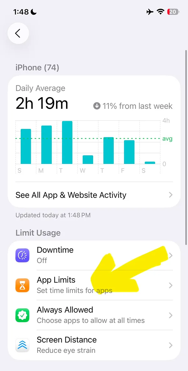 Screen Time dashboard showing daily average 2 hours 19 minutes usage