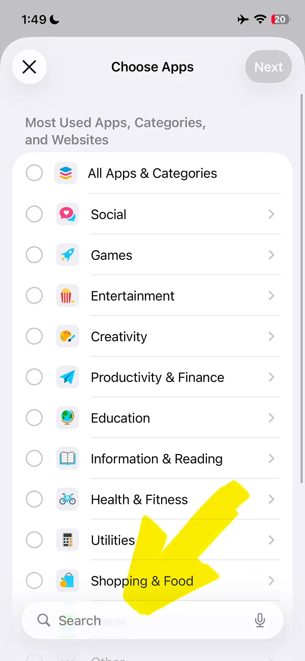 App categories selection screen for app limits