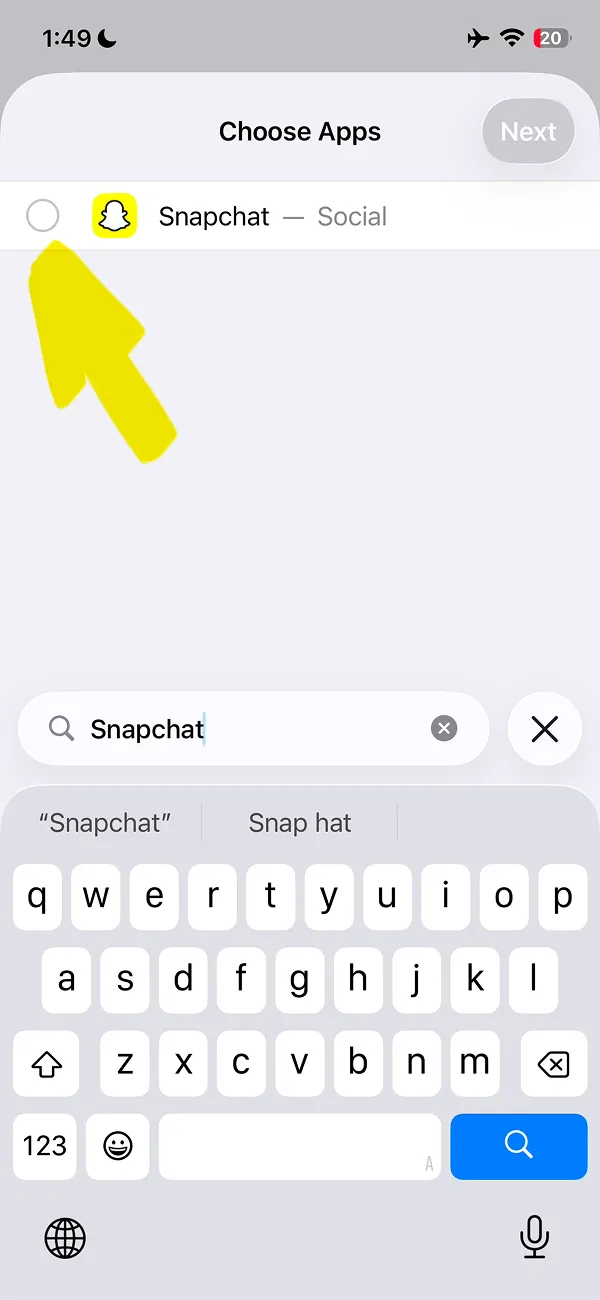 Snapchat app selection from Social category