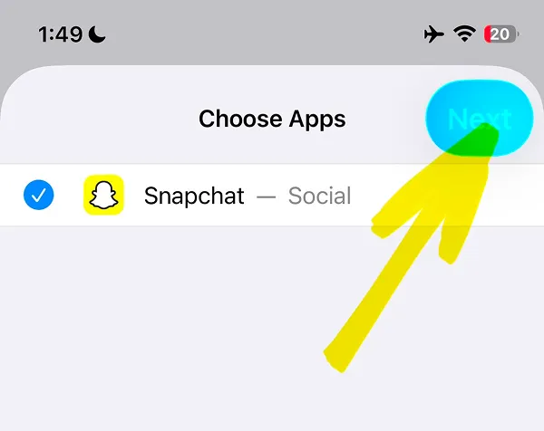Snapchat app selected with checkmark