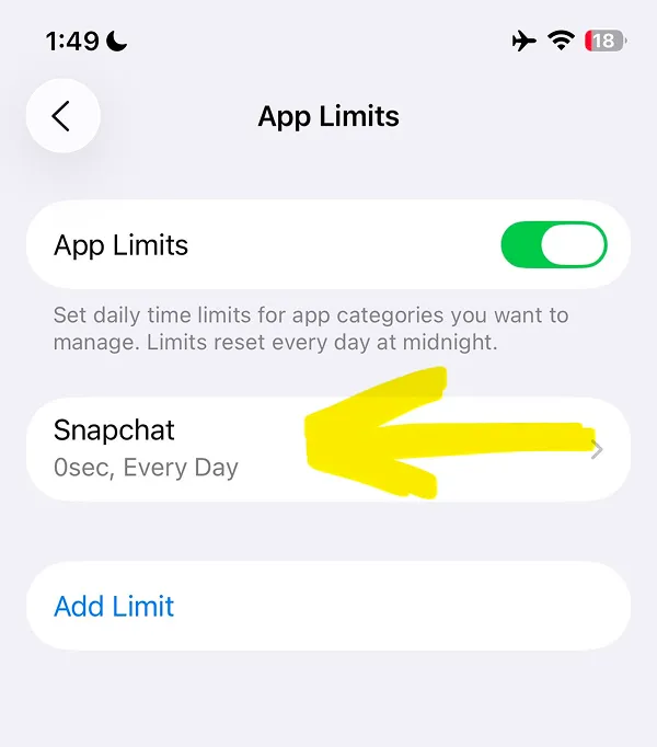 App Limits screen showing Snapchat 0 seconds daily