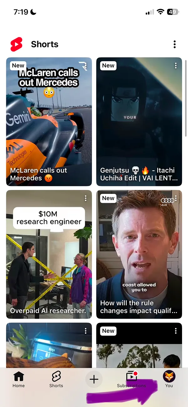 YouTube app home screen displaying Shorts feed