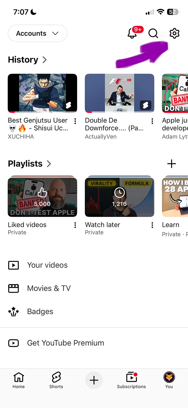 YouTube app You tab with Settings gear icon