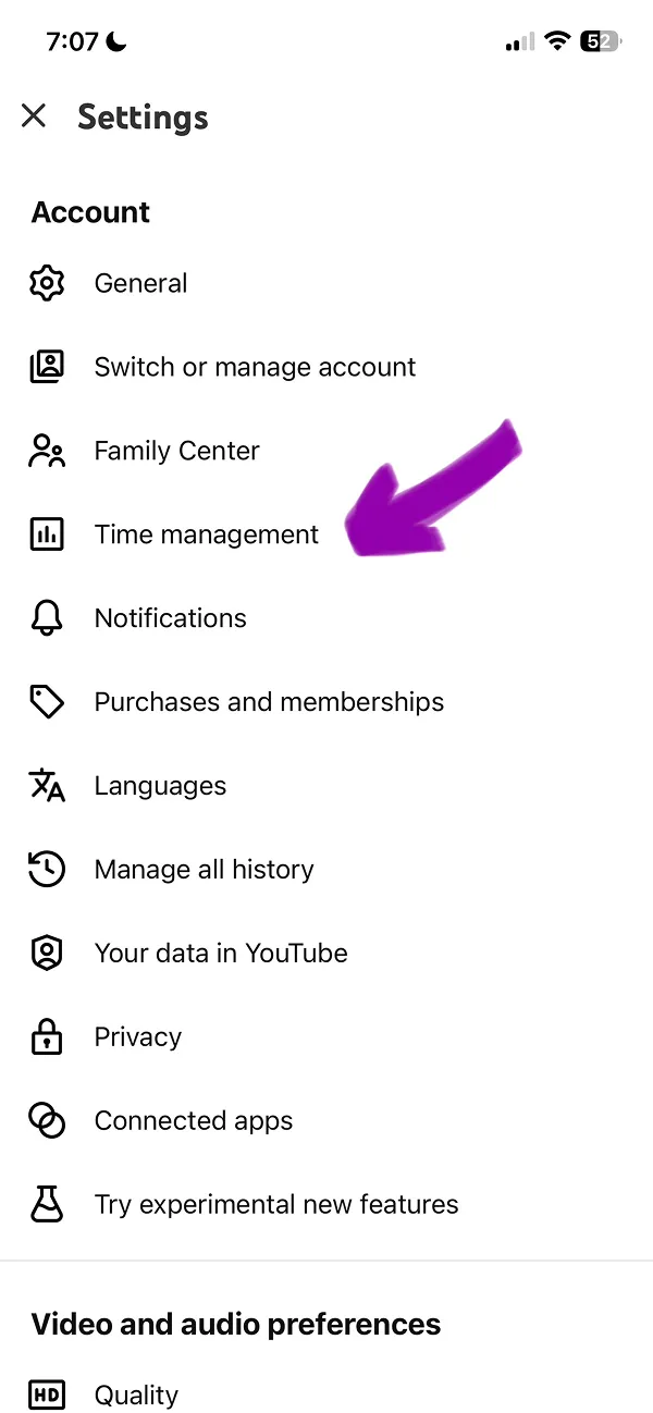 YouTube Settings page with Time Management settings