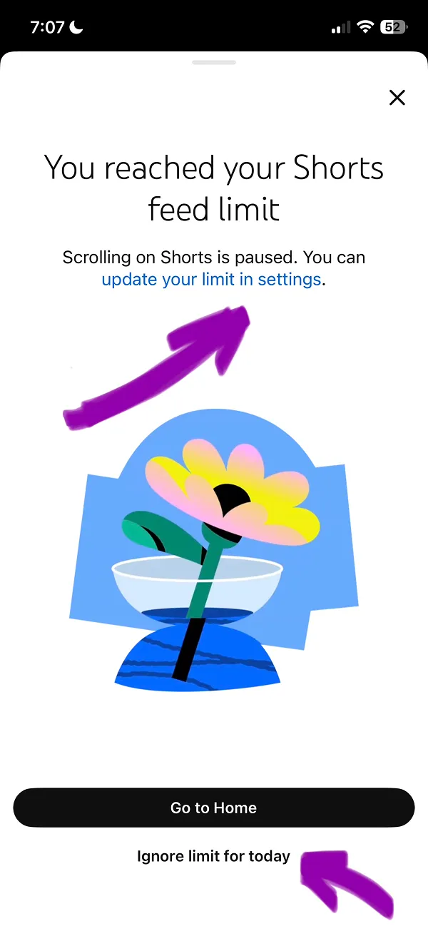 YouTube Shorts page displaying feed limit screen with action buttons