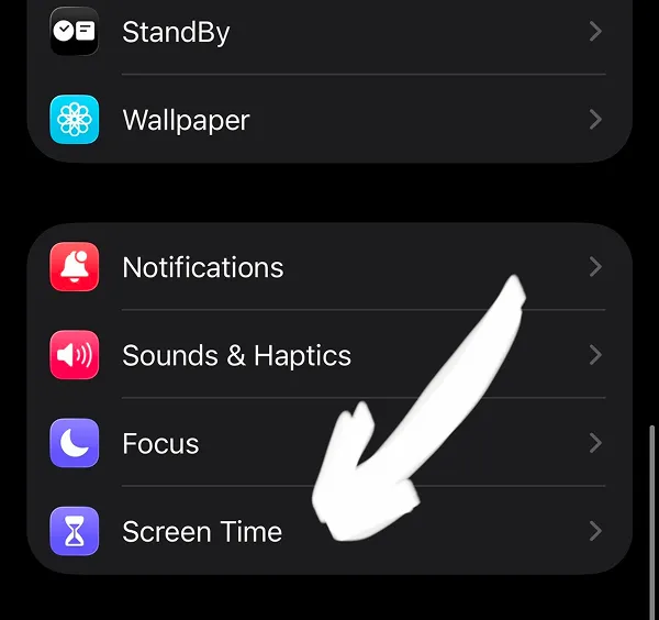 Settings page showing Notifications, Sounds & Haptics, Focus, and Screen Time options