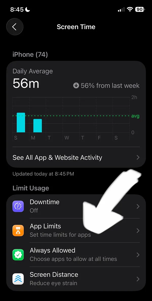 Screen Time main page showing Daily Average usage at 56 minutes with Limit Usage section