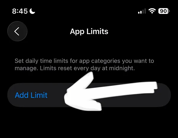 App Limits page with "Add Limit" button and instructions for setting daily time limits