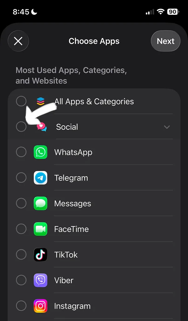 Choose Apps page displaying All Apps & Categories and Social category with dropdown menu