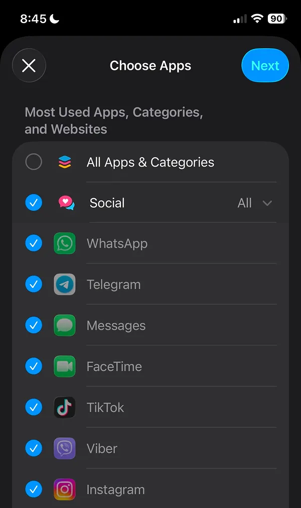 Choose Apps page showing Social category and individual apps selected with blue checkmarks
