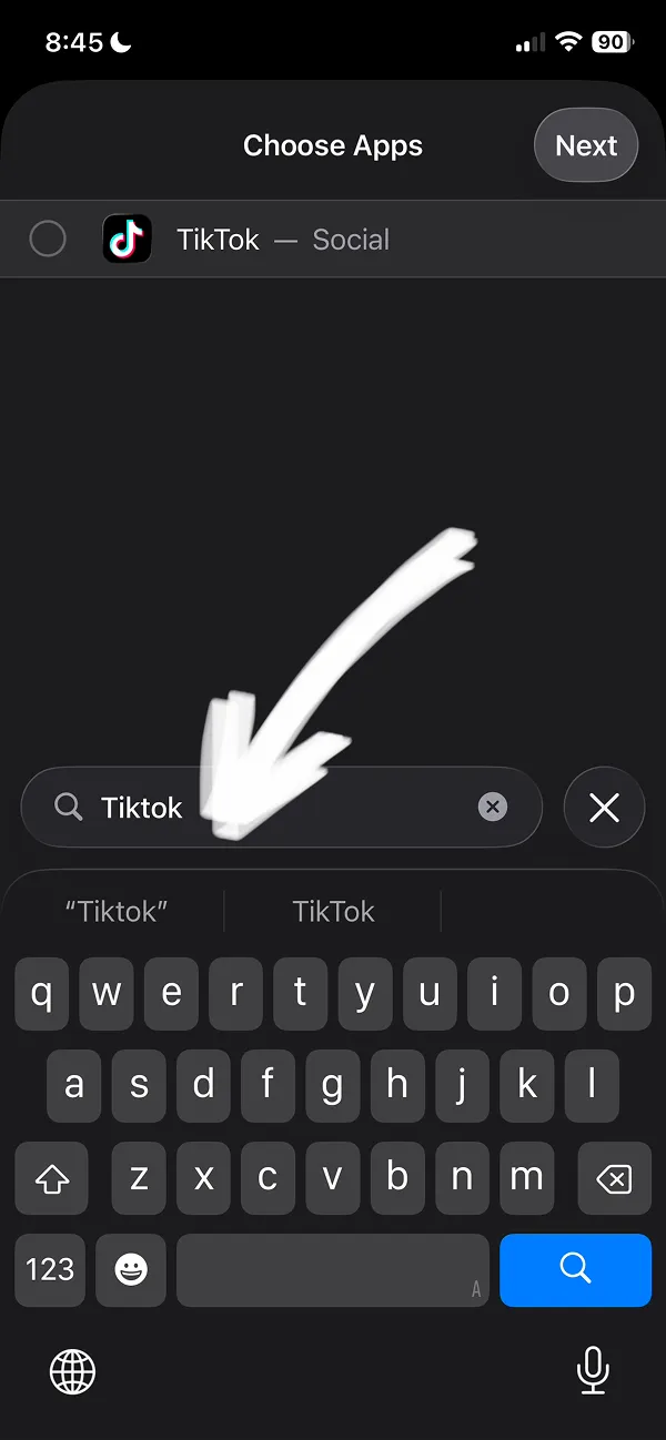 Choose Apps search interface with TikTok typed in search field to find individual apps