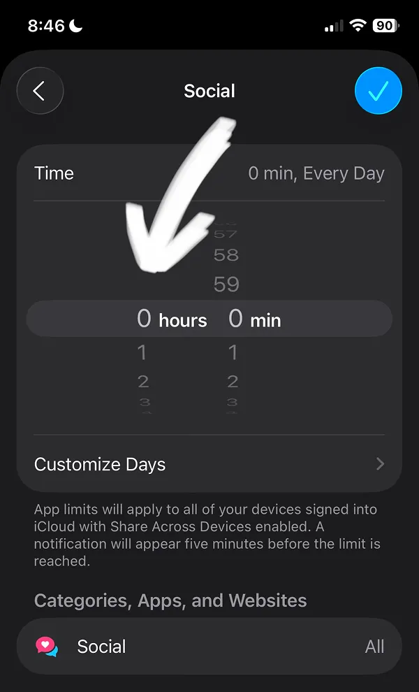 Social category limit page showing time set to 0 minutes Every Day with time picker