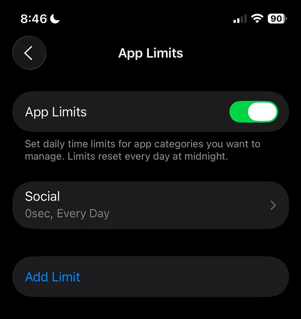 App Limits page displaying Social limit at 0 seconds Every Day with green toggle enabled