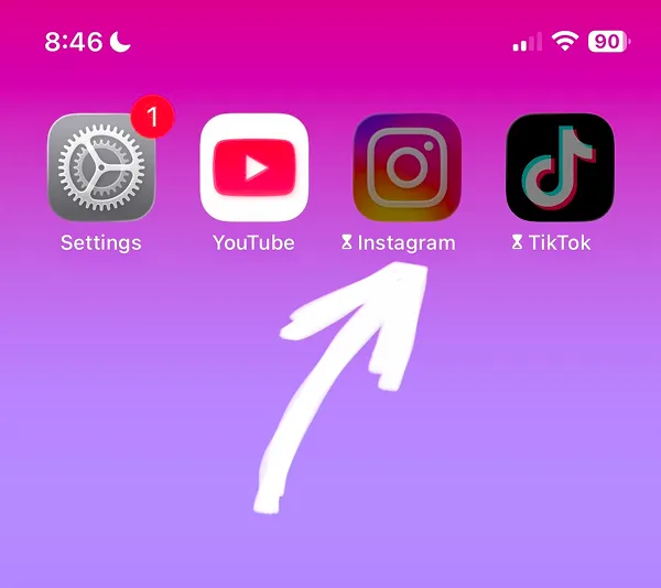 iPhone home screen showing Instagram and TikTok apps marked with Time icons as blocked