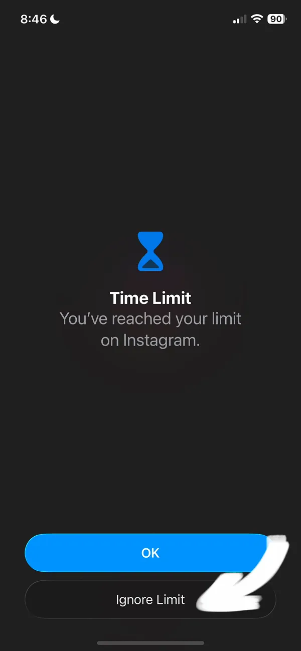 Time Limit notification screen stating "You've reached your limit on Instagram" with OK and Ignore Limit buttons