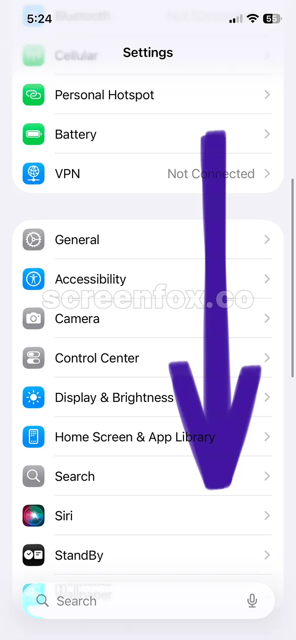 Settings app menu displaying Personal Hotspot, Battery, VPN, and General options