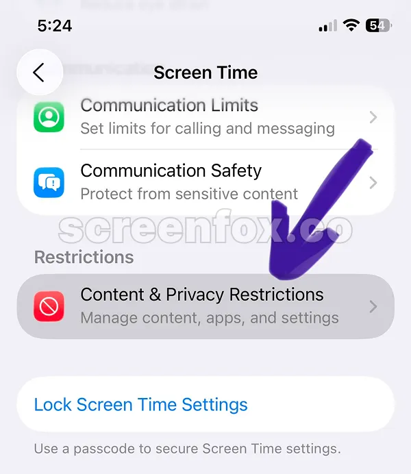 Screen Time settings displaying Communication Limits and Content & Privacy Restrictions options