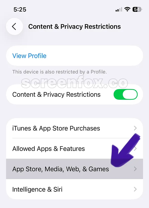Content & Privacy Restrictions enabled showing iTunes, app, and gaming restriction options